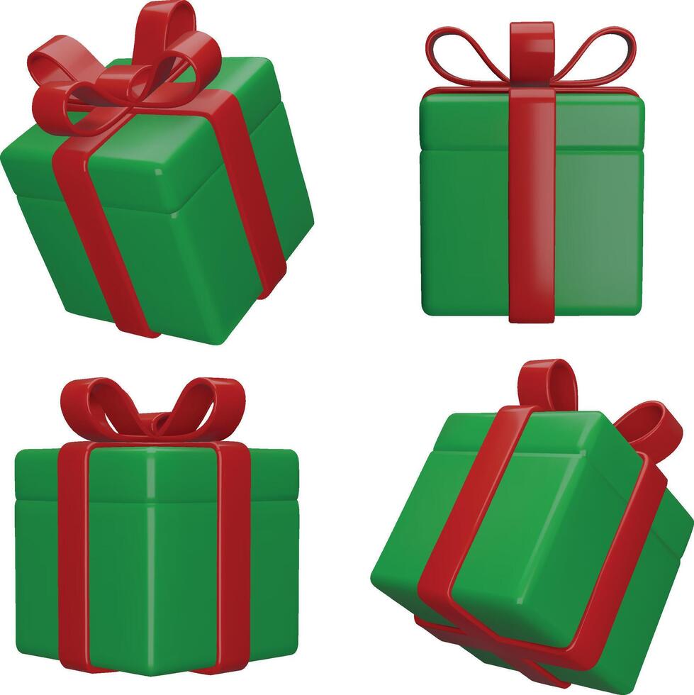 3d christmas gift boxes. isolated green gift boxes with red bow realistic illustration vector