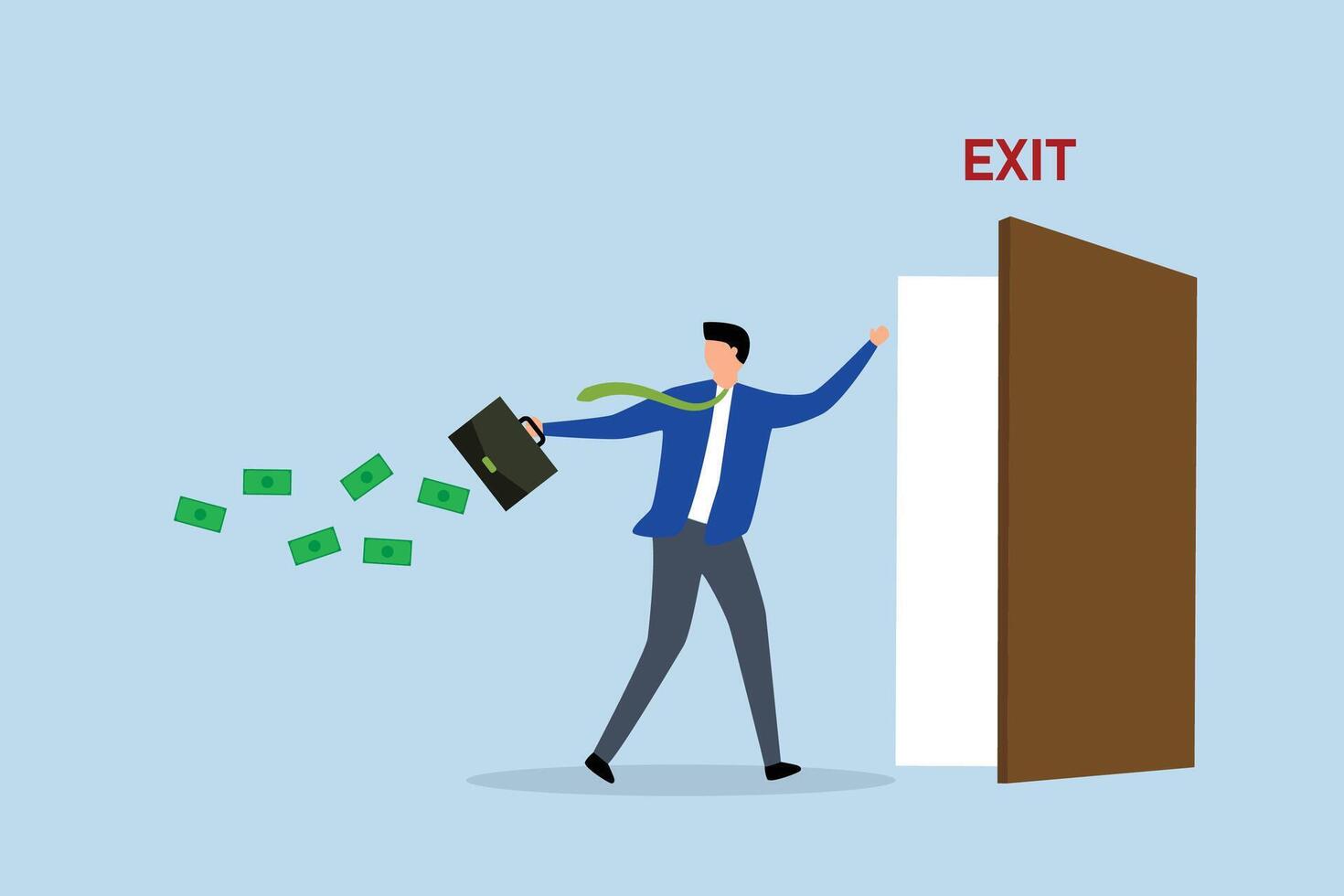 run away before market drop, successful businessman investor is leaving with his profit money through the exit door. vector