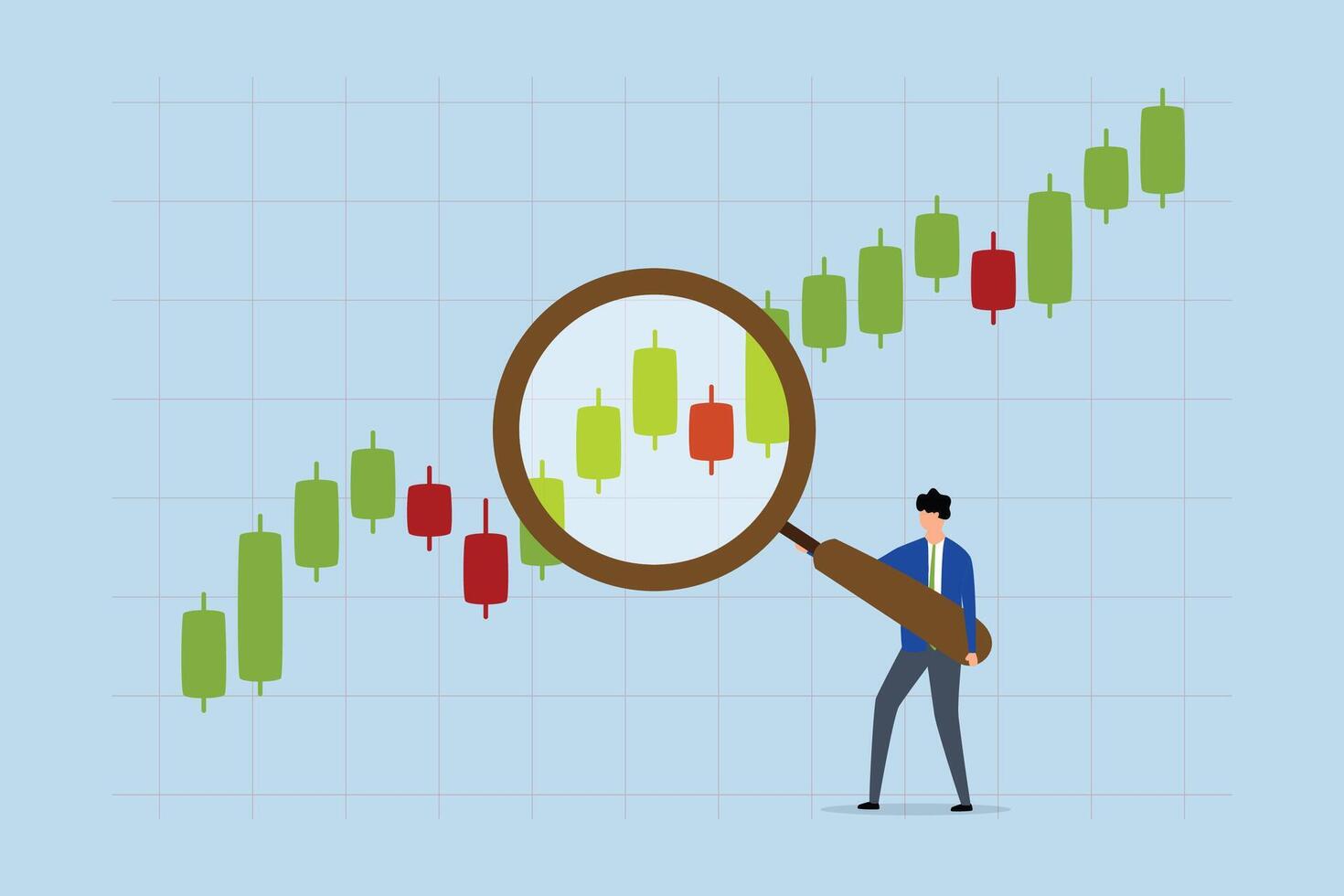 Stock market graph analysis, businessman investor examining investment chart with a magnifying glass vector