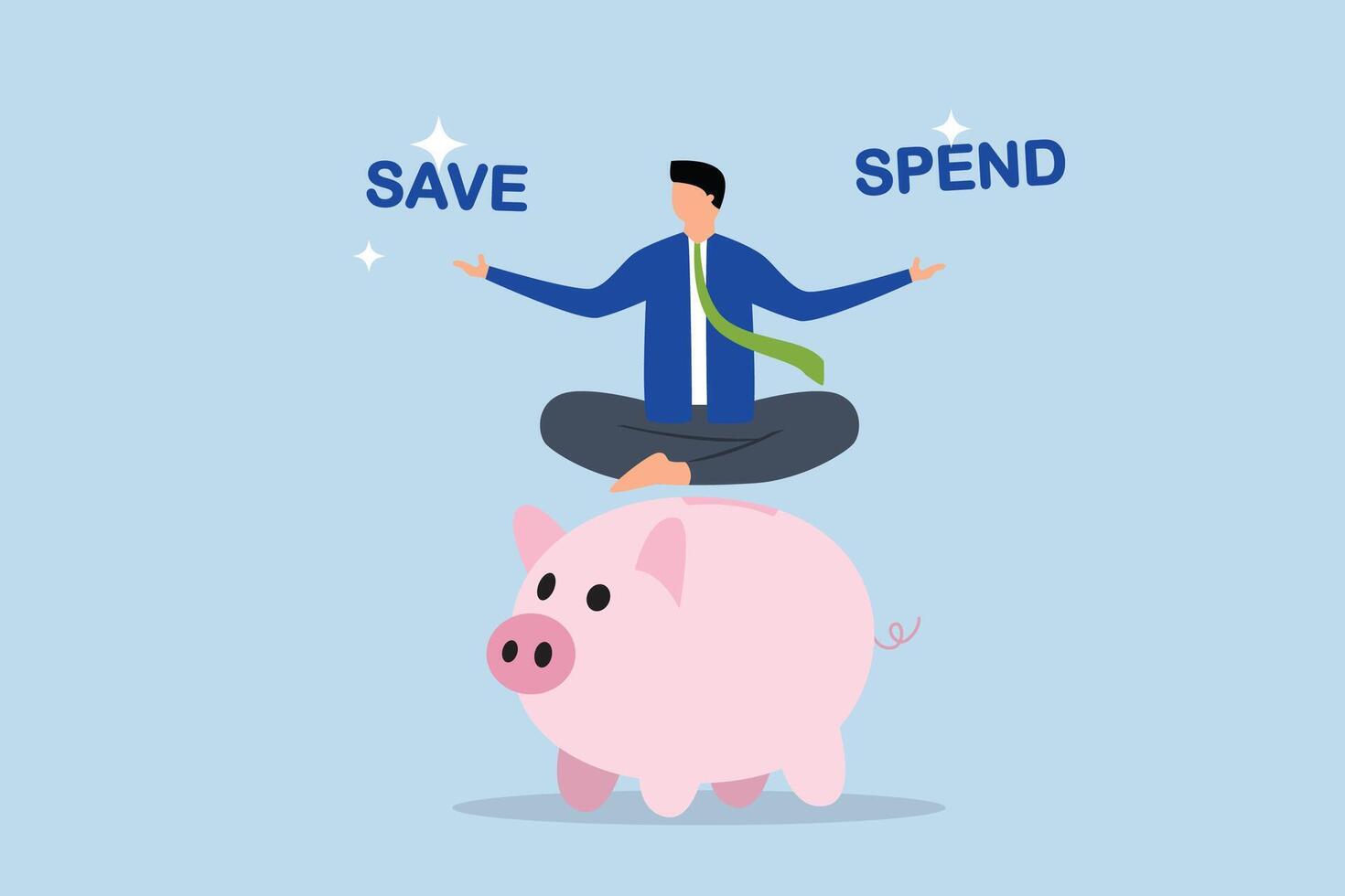 Money decision, Uncertain lady sitting on piggy bank, contemplating decision between saving or spending. vector