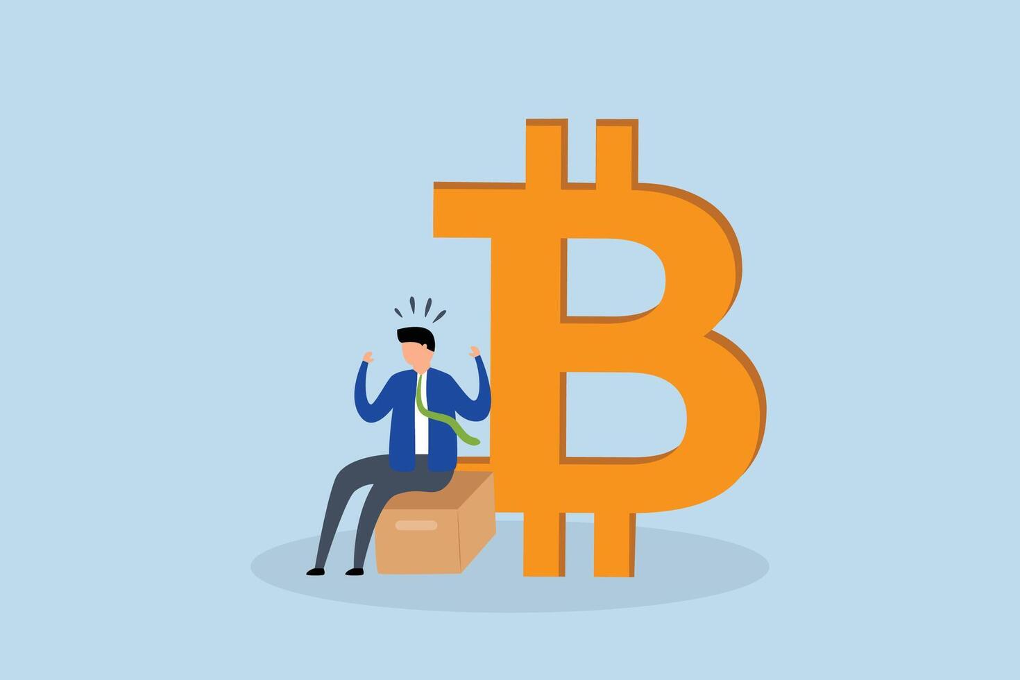 Fear, uncertain businessman investor is seated anxiously next to the Bitcoin symbol. vector