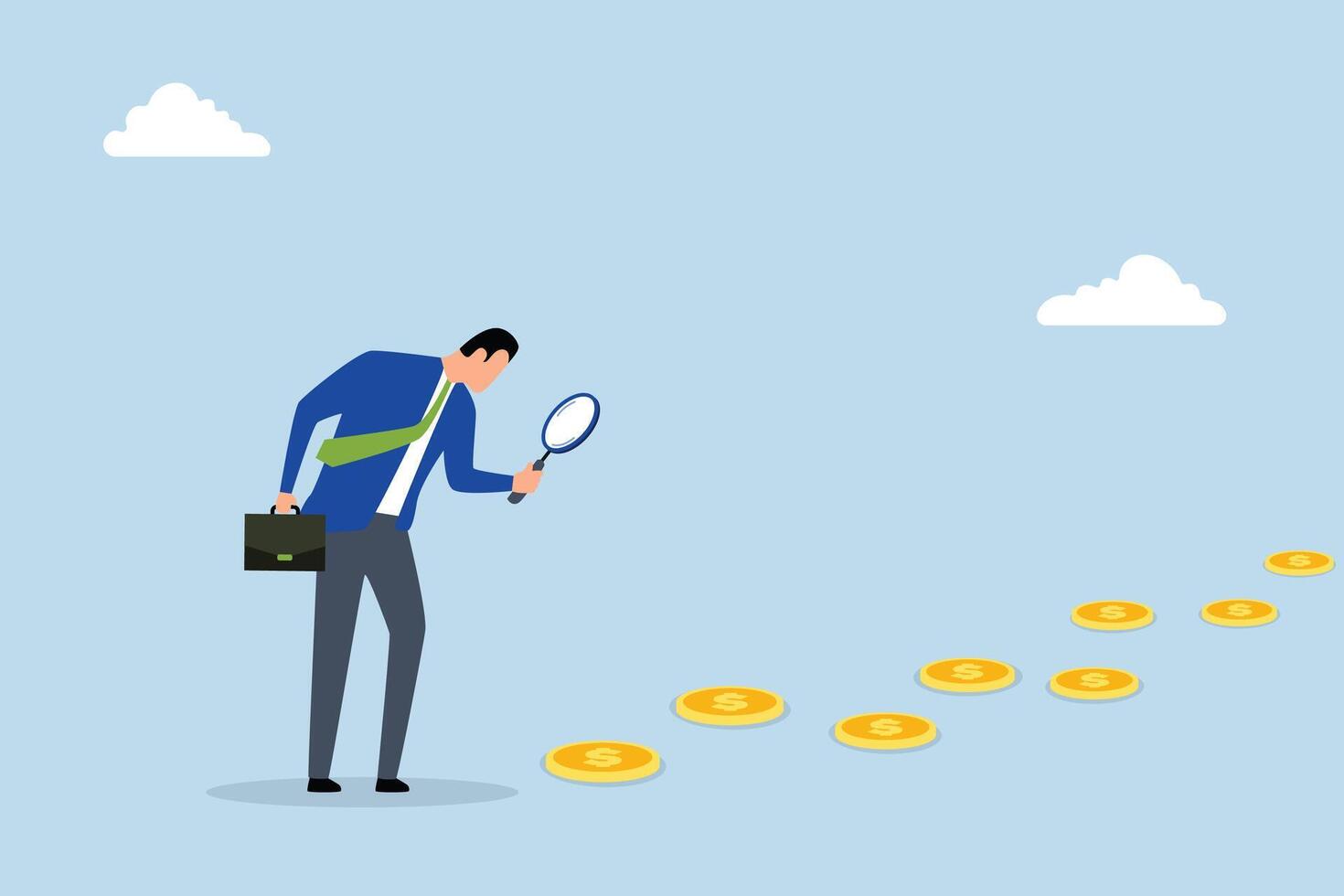 Searching for investment opportunity, Inquisitive business person closely examines and tracks the trail of money coins using a magnifying glass. vector