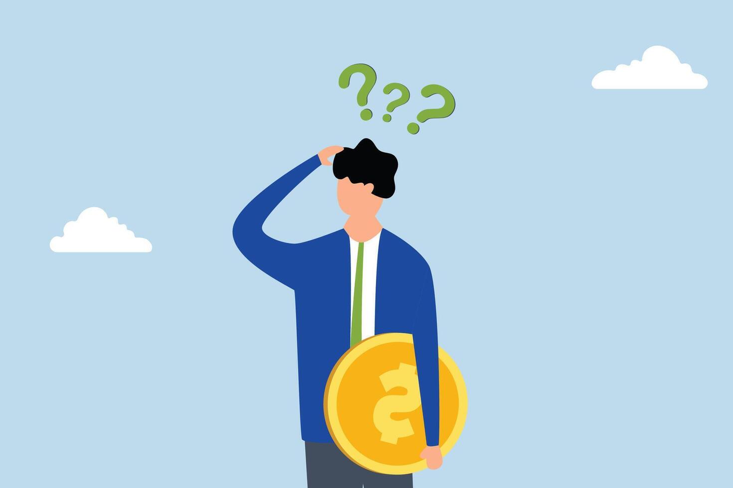 Money question, Entrepreneurial investor contemplating investment while holding a coin of money. vector