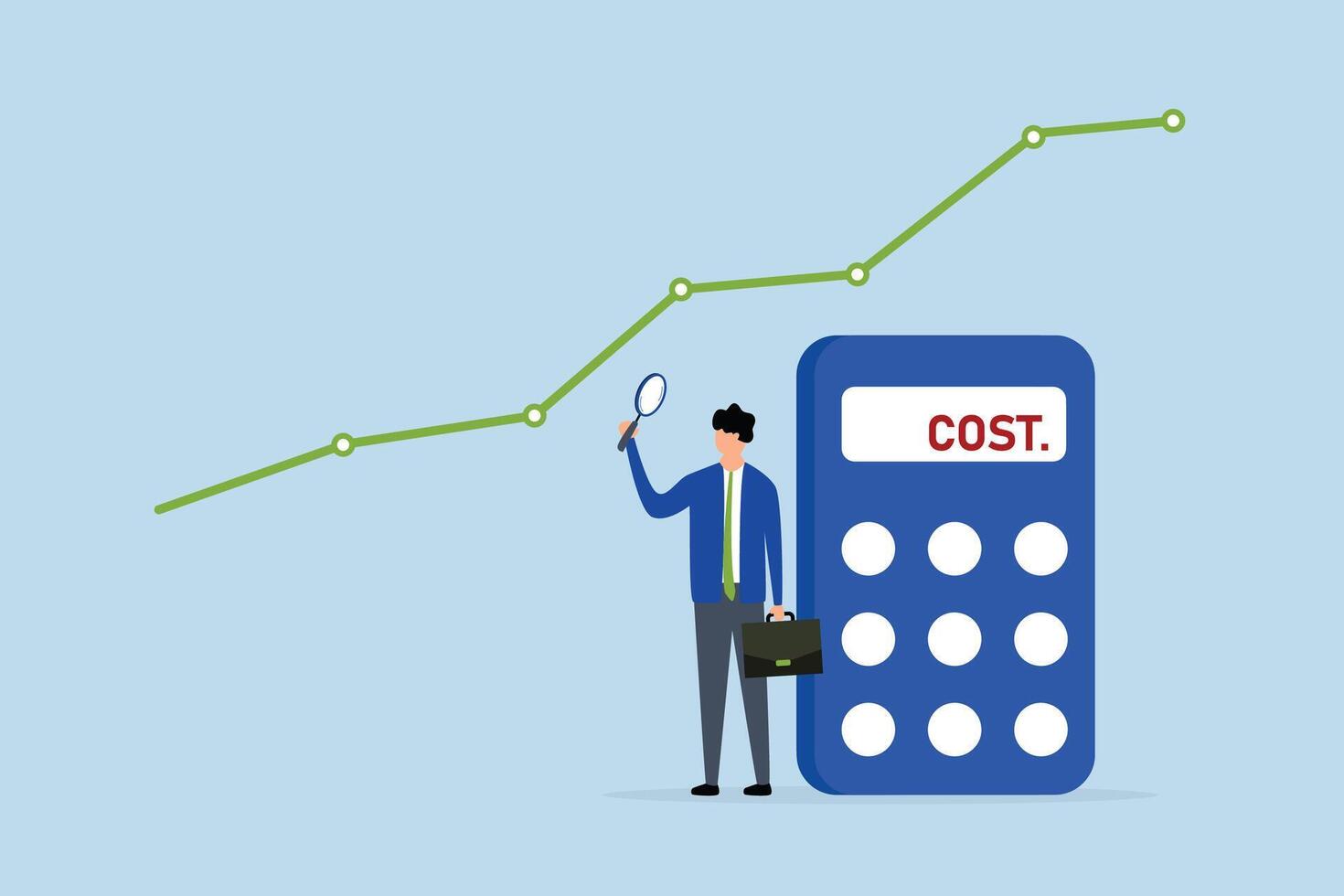 Cost management, Intelligent entrepreneur examining cost chart with calculator through magnifying glass. vector