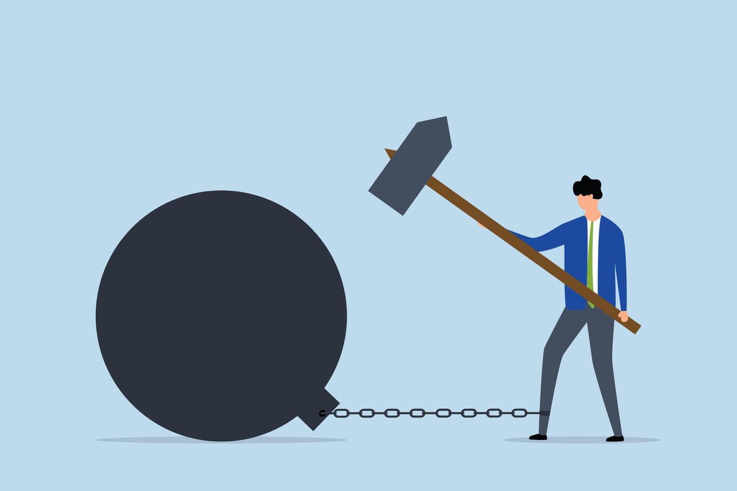 breaking bad habits for freedom, businessman confidently uses a hammer to shatter the heavy chain weighing him down. vector
