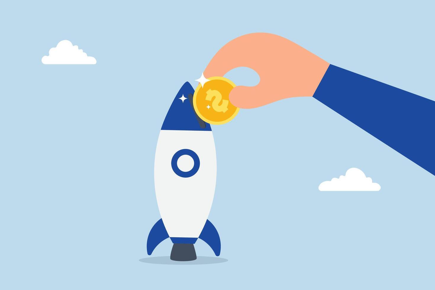 venture capital investment, Businessman and investor place money coins into an innovative rocket in order to launch their company. vector