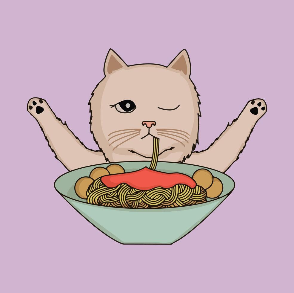 A cute cartoon cat is enjoying a bowl of spaghetti and meatballs. The cat is winking and raising its paws in delight while slurping up the noodles. vector