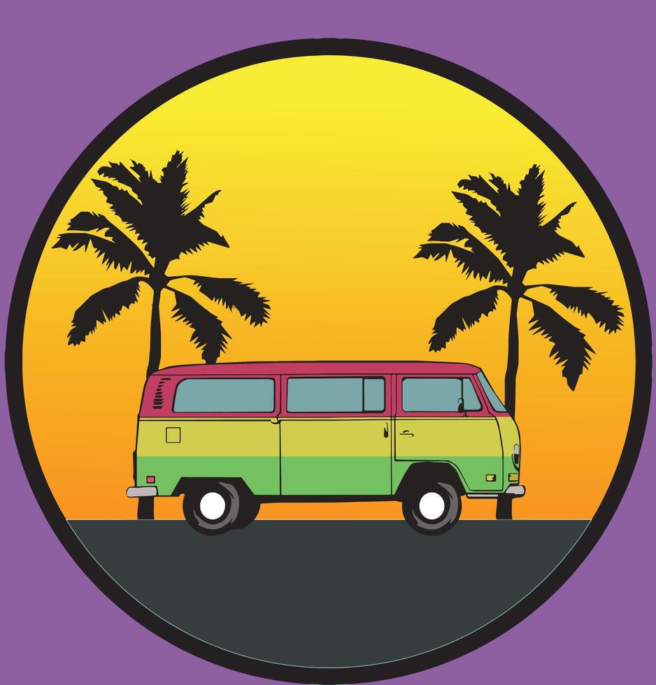 A vintage Volkswagen van parked on a beach at sunset, with two palm trees on either side. vector