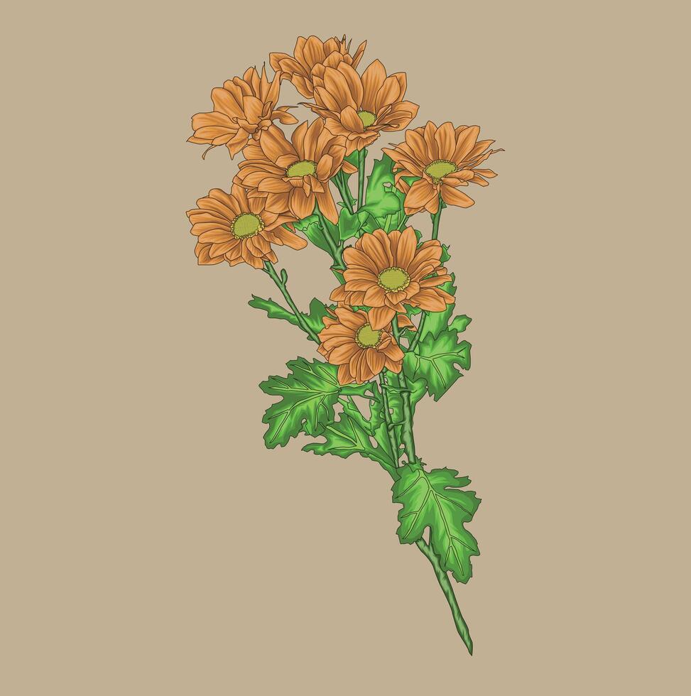 A vibrant bouquet of orange chrysanthemums with green leaves, arranged against a beige background. vector