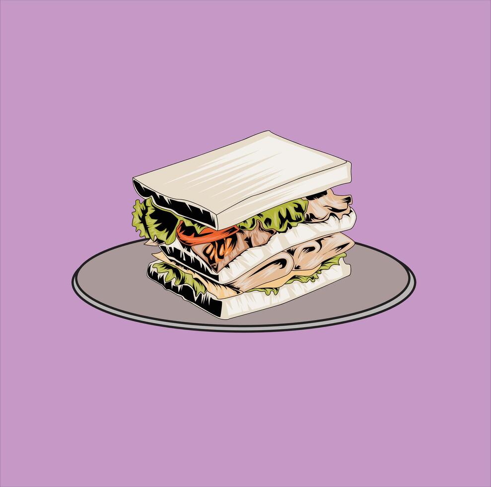 A delicious-looking sandwich with multiple layers of bread, lettuce, tomato, and meat, served on a gray plate against a purple background. vector