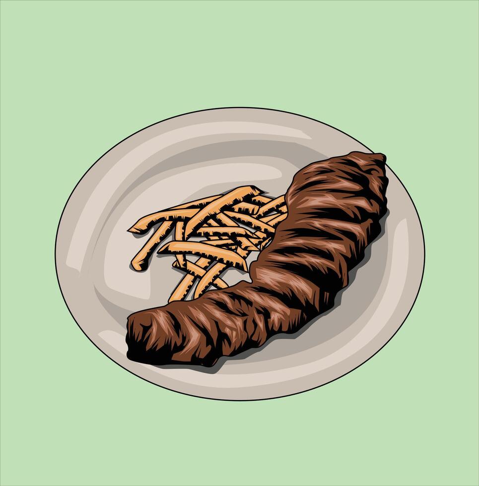 A juicy steak served with a pile of golden-brown French fries on a white plate, against a green background. vector