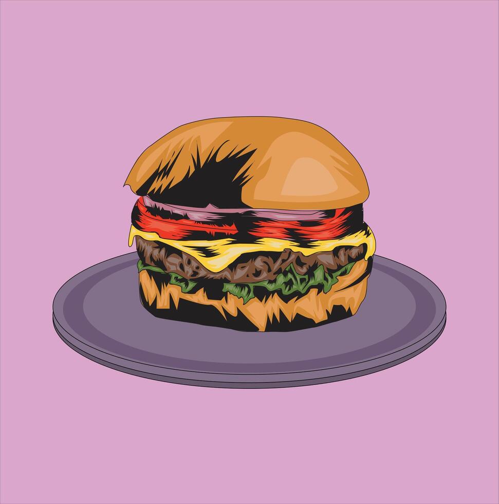 A mouthwatering, cartoon-style cheeseburger with sesame seed bun, juicy patty, melted cheese, lettuce, tomato, and onion, served on a gray plate against a purple background. vector