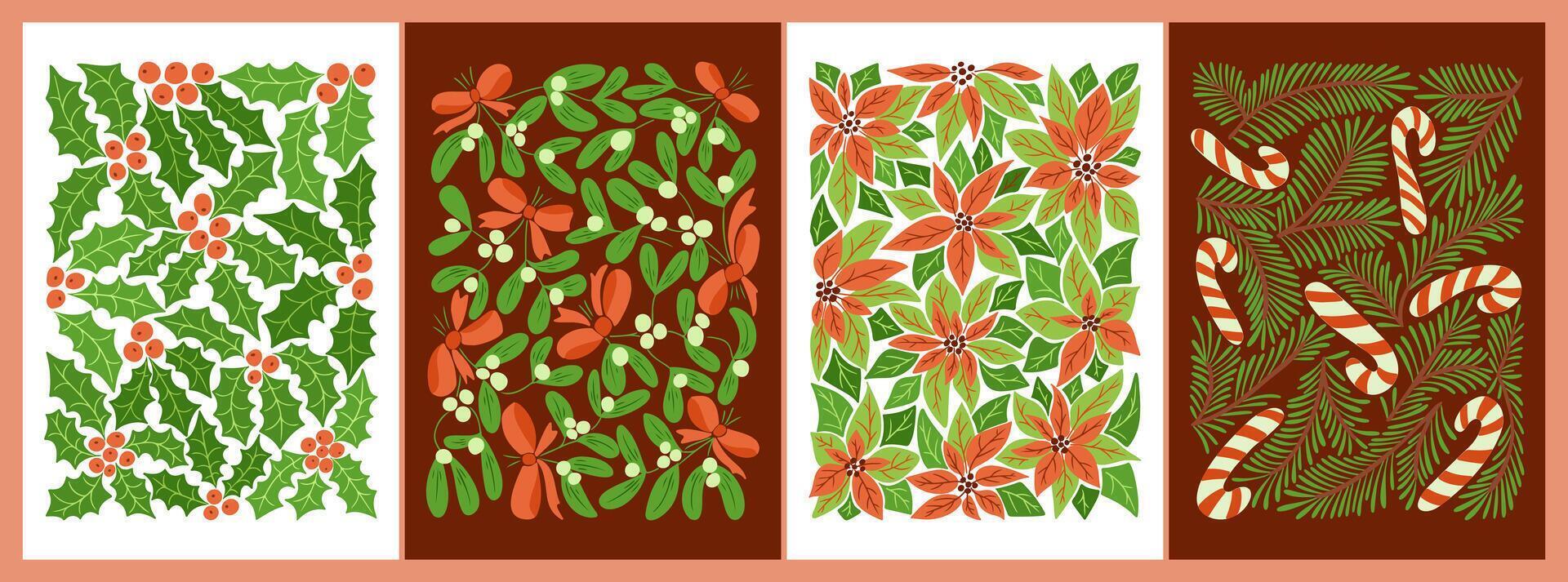 Set of mid century Christmas poster or art prints with winter botany. Hippie 60s, 70s style. contrast illustrations with holly berry, mistletoe, poinsettia, pine tree in nostalgic style vector