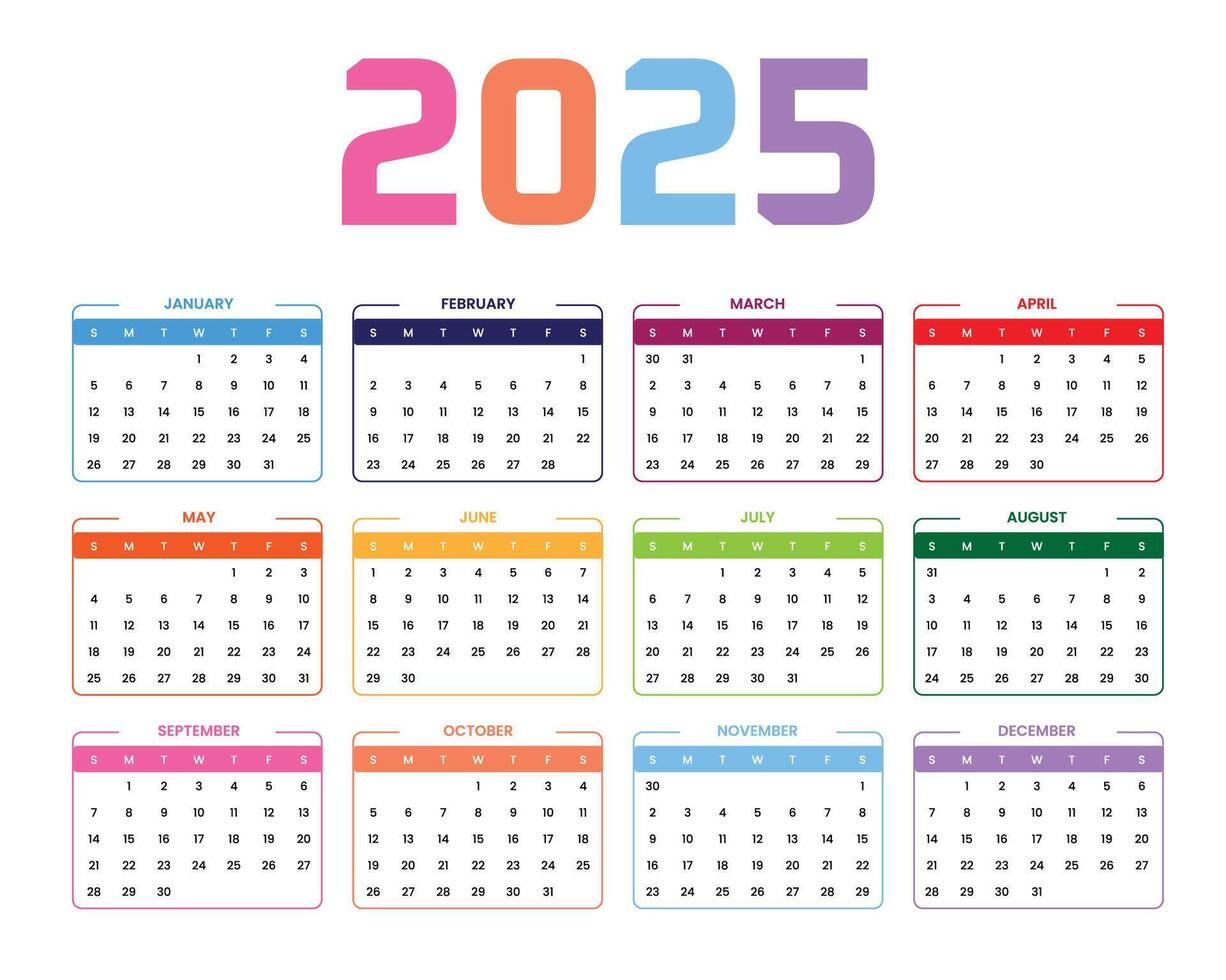 Flat 2025 Multiple color calendar template for business vector