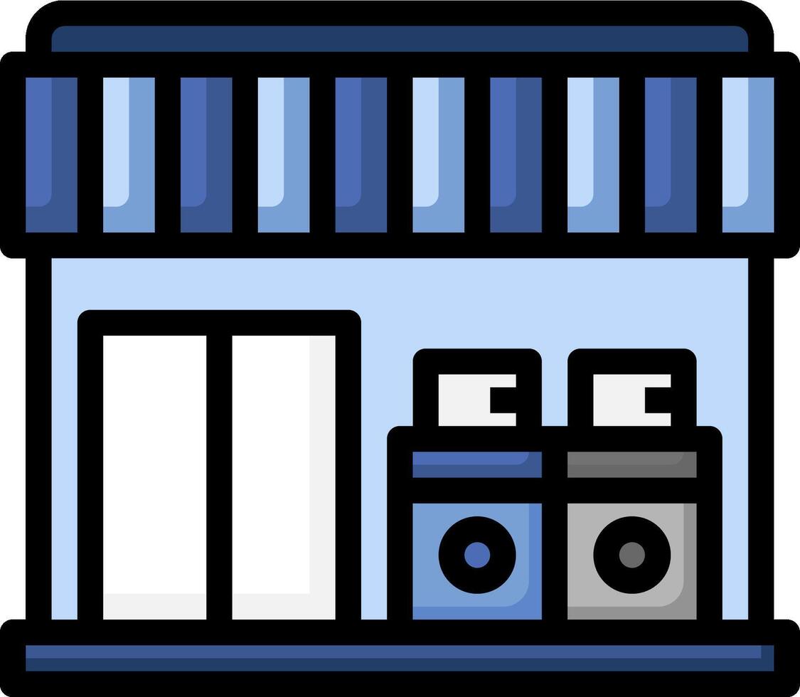 A store front with a blue awning vector