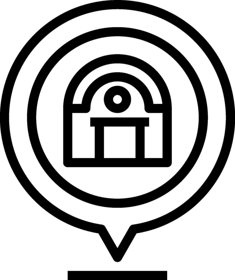 A black and white icon of a building with a map pointer vector