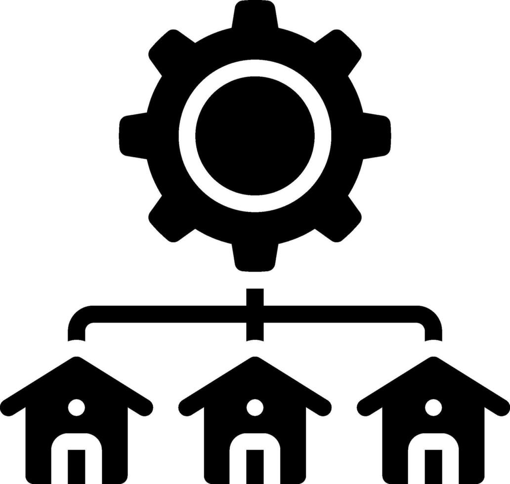 A black and white icon of a house with a gear vector