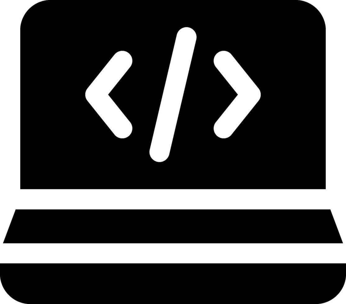 un negro y blanco icono de un computadora con un código símbolo vector