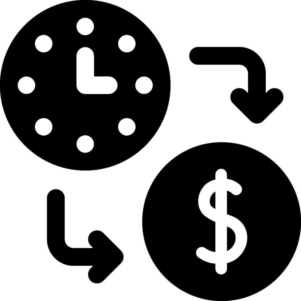 A clock and dollar sign are shown in black and white vector
