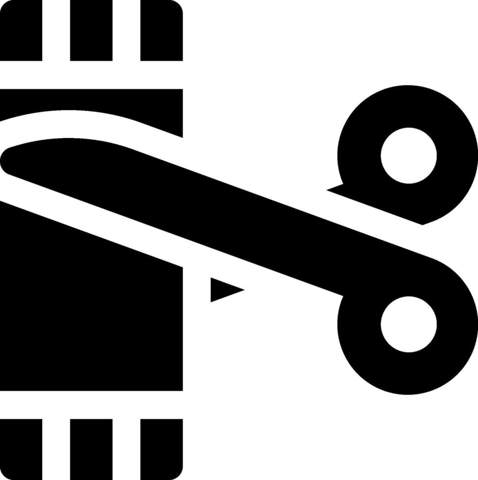 A black and white icon of scissors cutting a roll of paper vector
