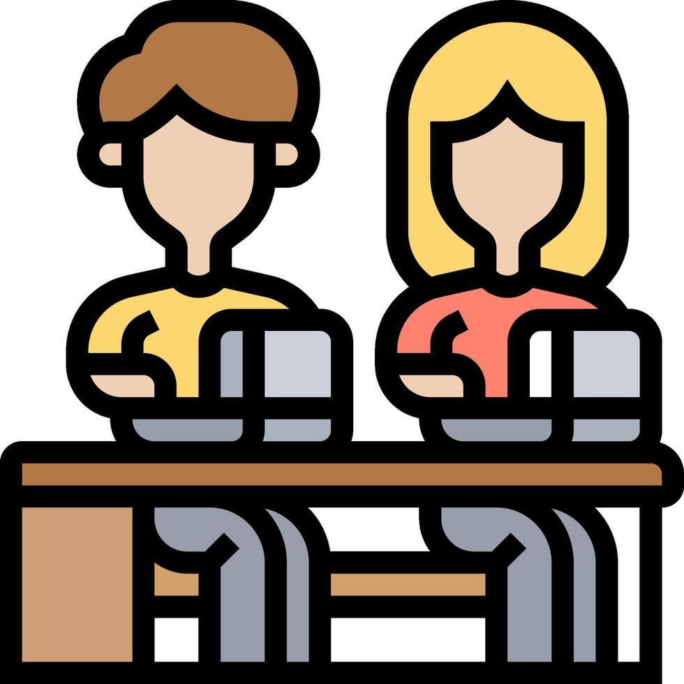 Two people sitting at a table with a laptop vector