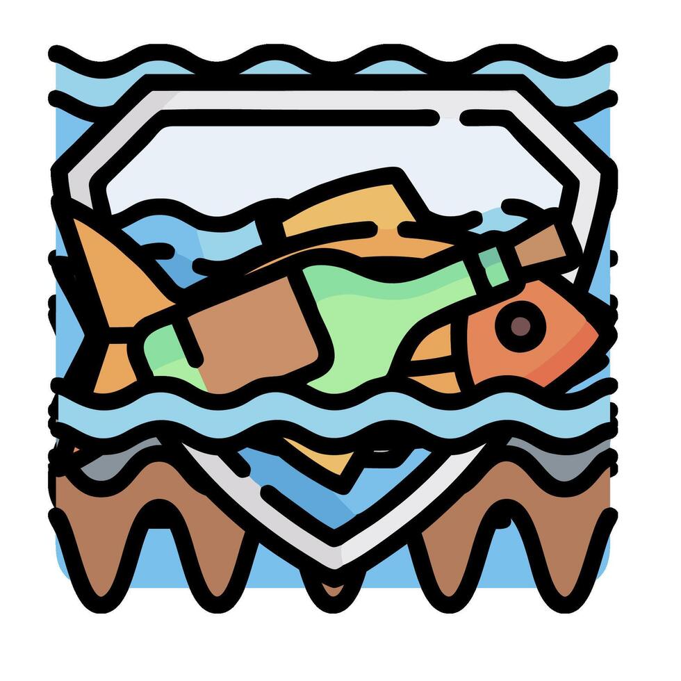Fish in water with bottle and bottle cap icon vector