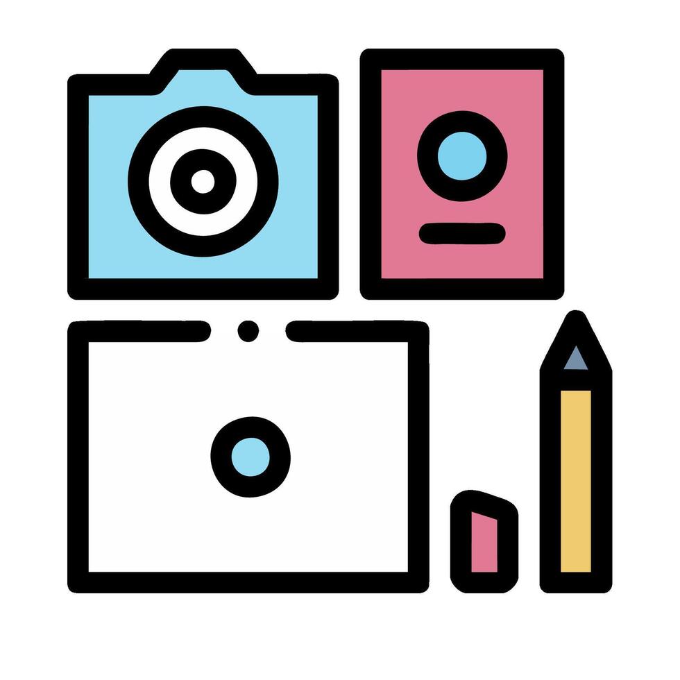 A camera, pencil, and other items are shown in a line vector