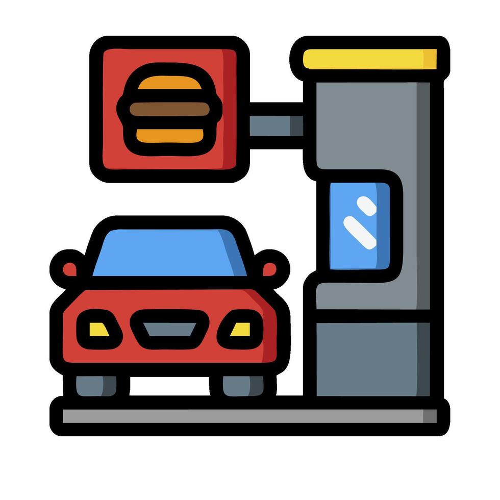 A car and a hamburger are in front of a gas station vector
