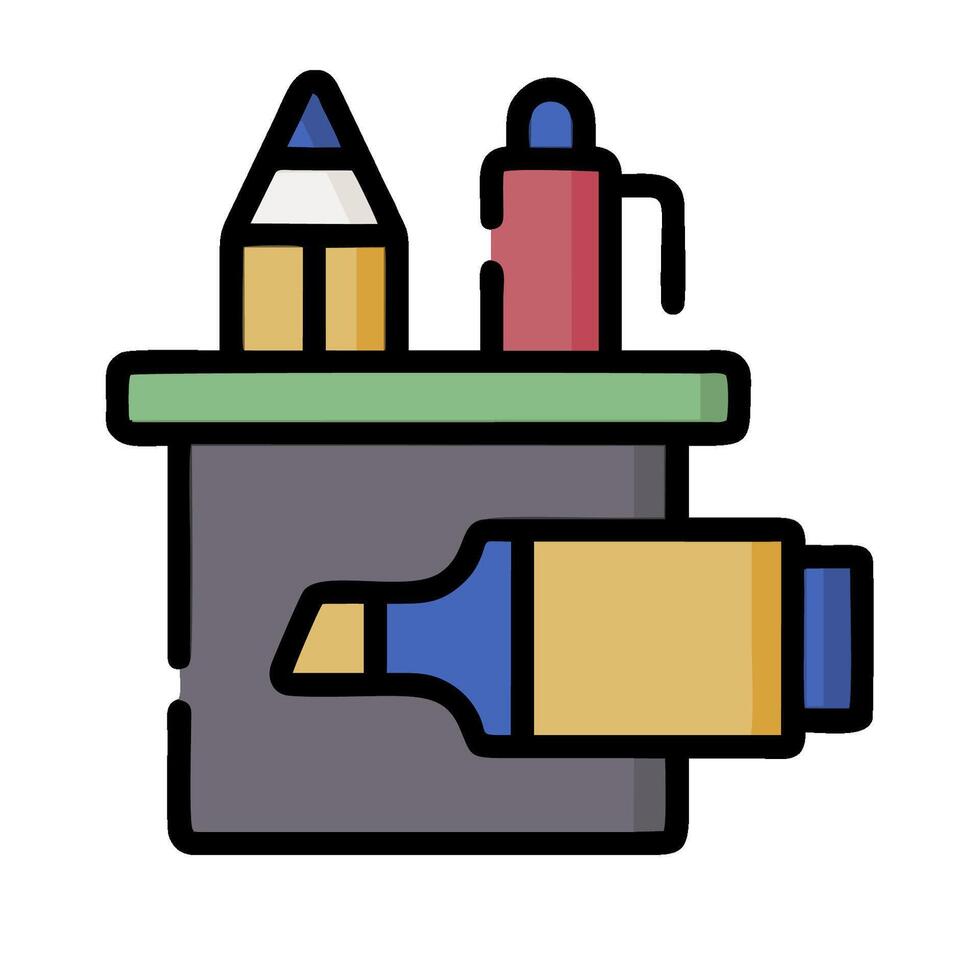 A drawing table with pencils and a pen vector