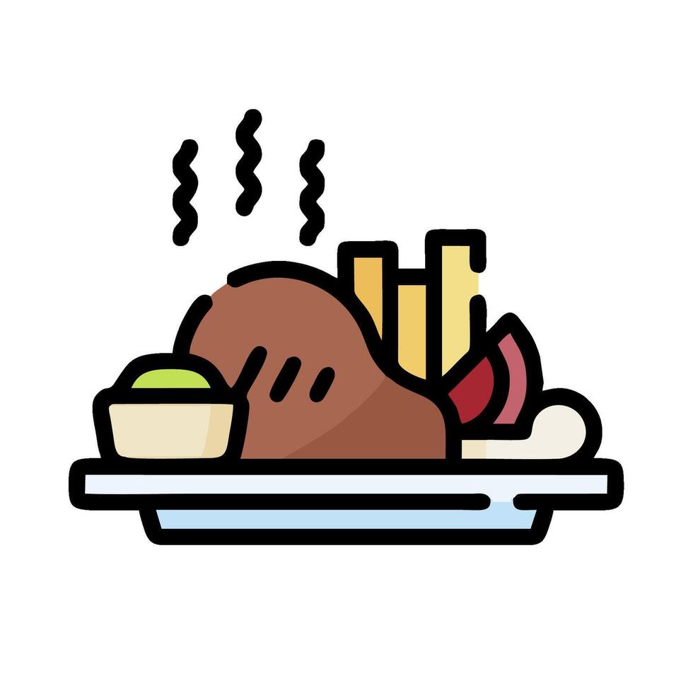 A plate with a roast chicken and fries on it vector