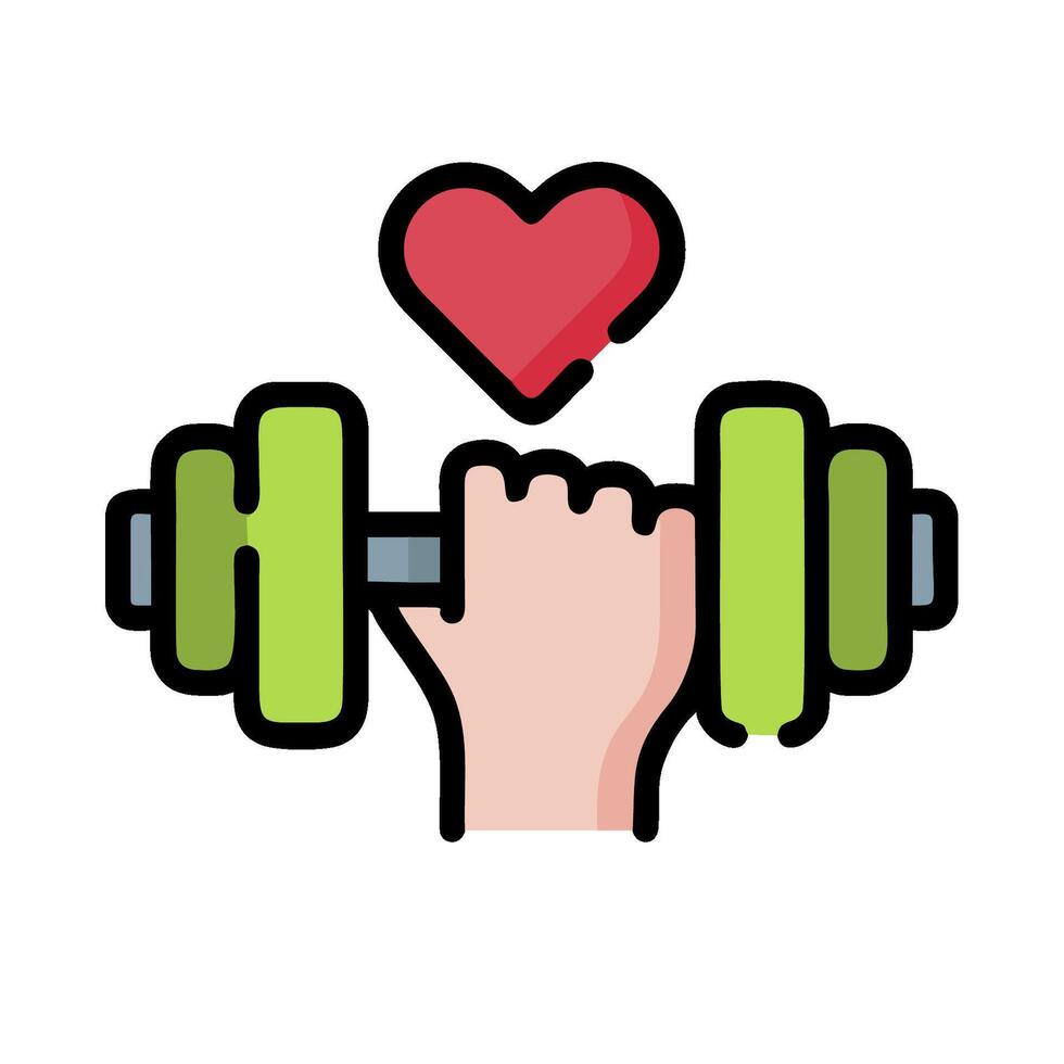 A hand holding a dumbbell with a heart on it vector