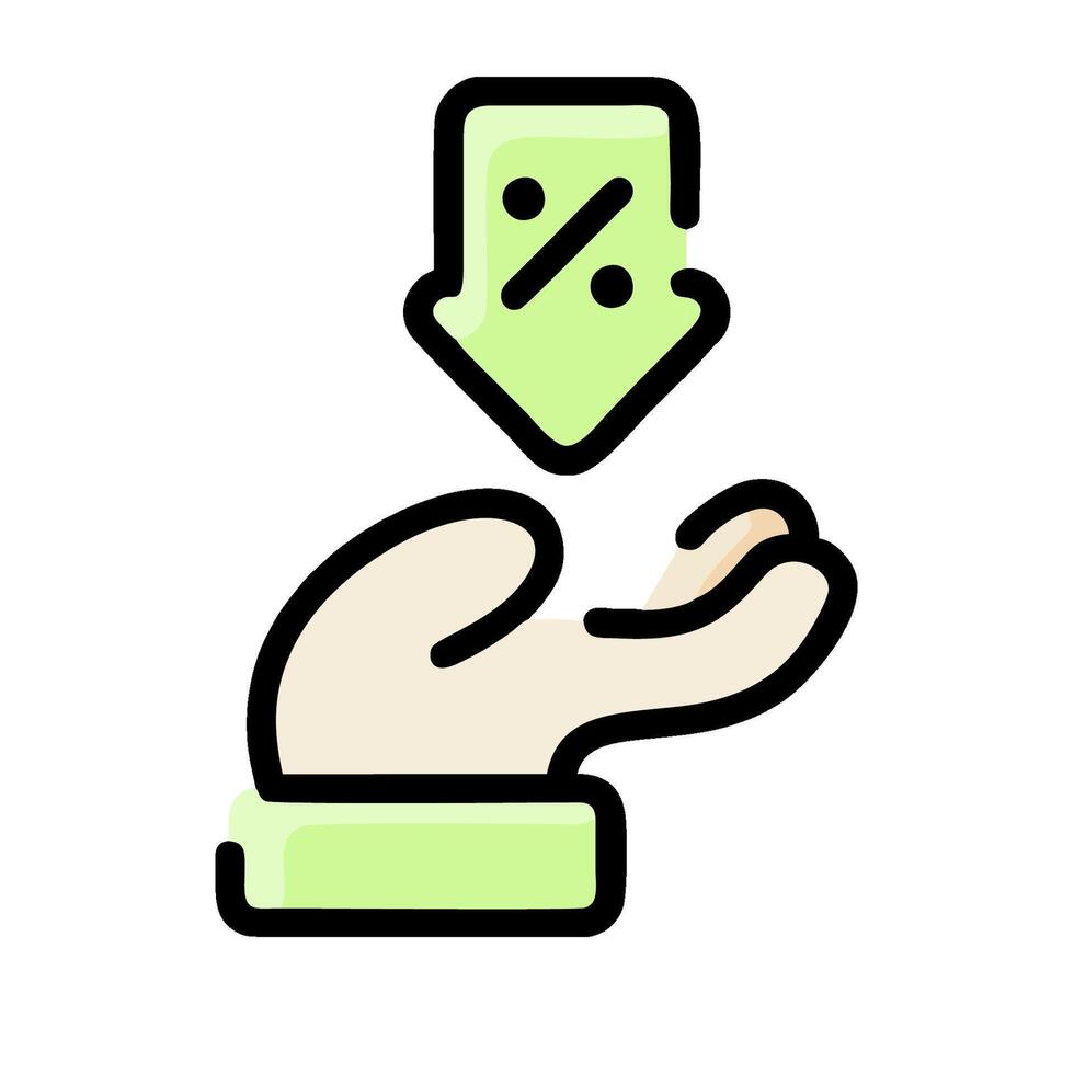 Hand with green arrow pointing down on white background vector