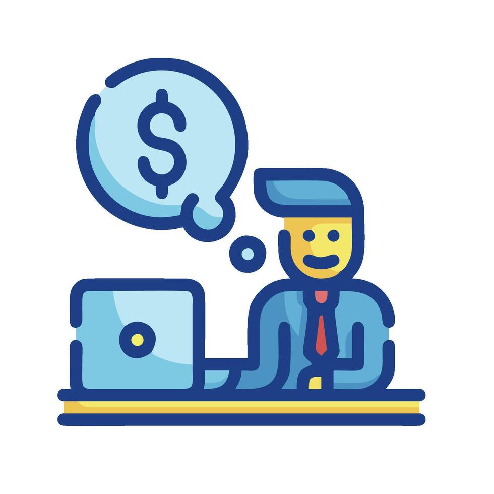 A man is sitting at a desk with a laptop and a dollar sign vector