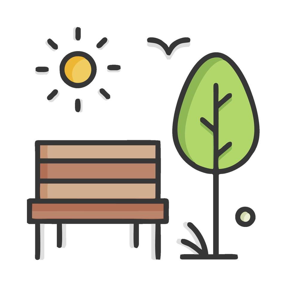 A park bench and tree with sun and bird vector