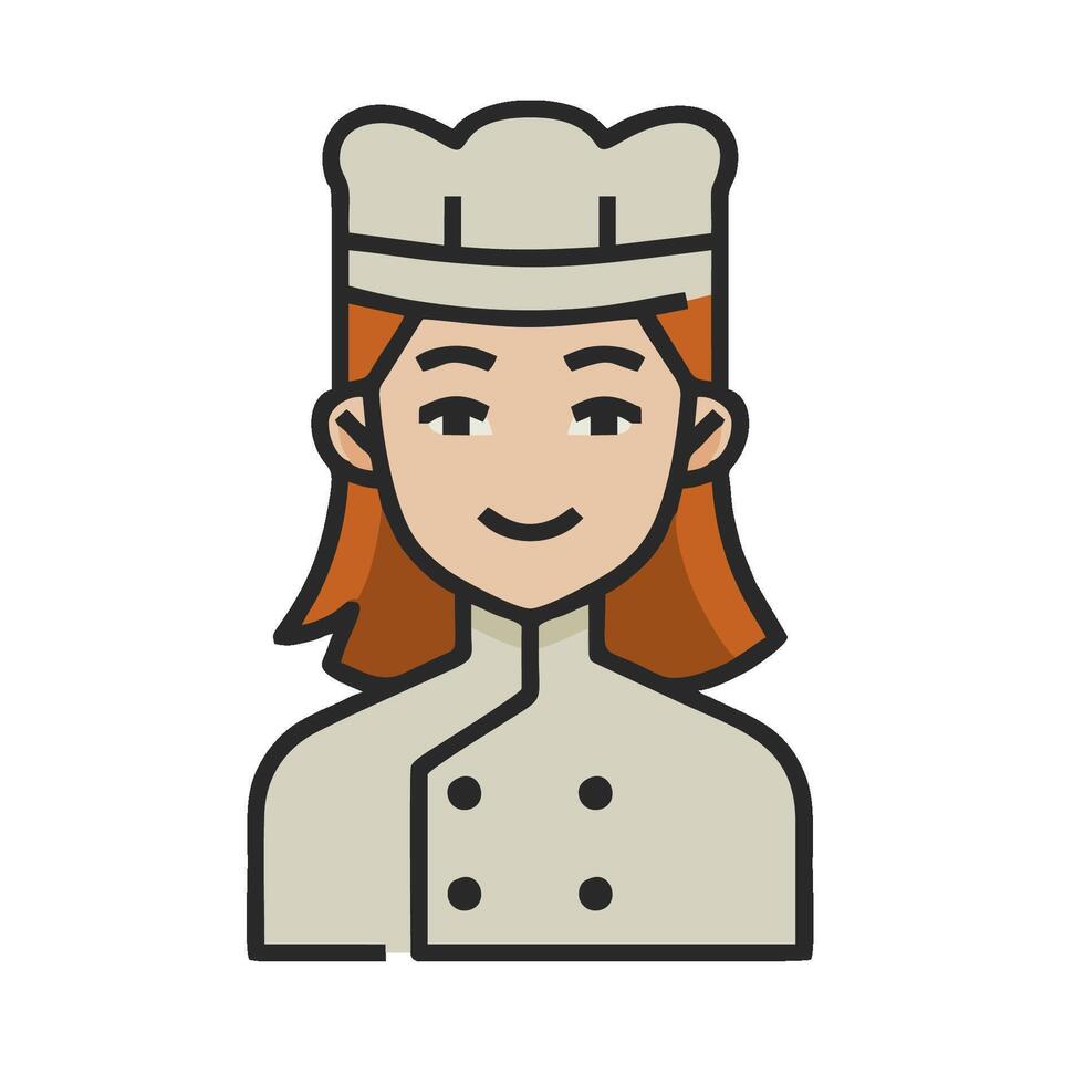 A woman in a chef's uniform is shown in an icon vector