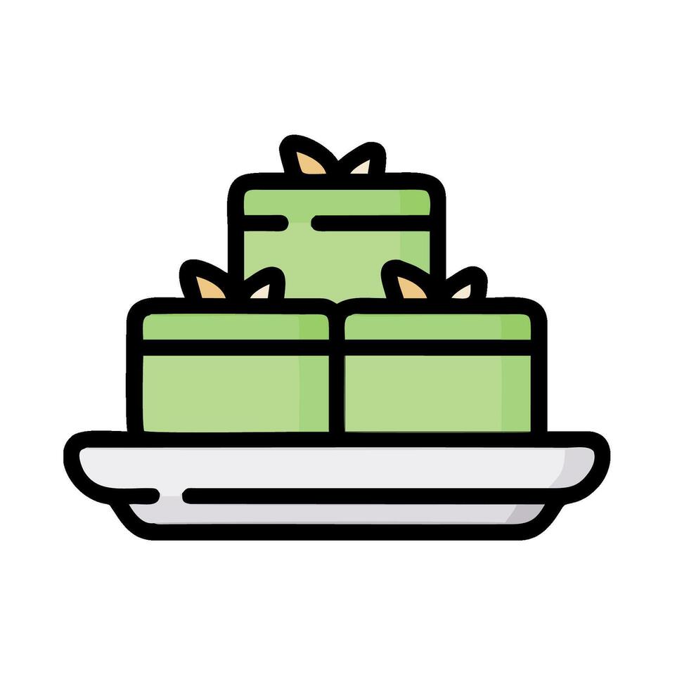 A green cake with two pieces on a plate vector