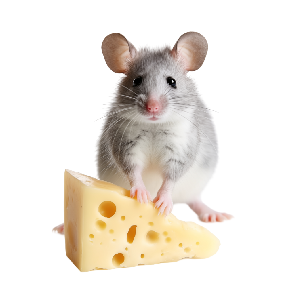 Adorable Gray Mouse Holding A Piece Of Swiss Cheese Isolated On Transparent Background png