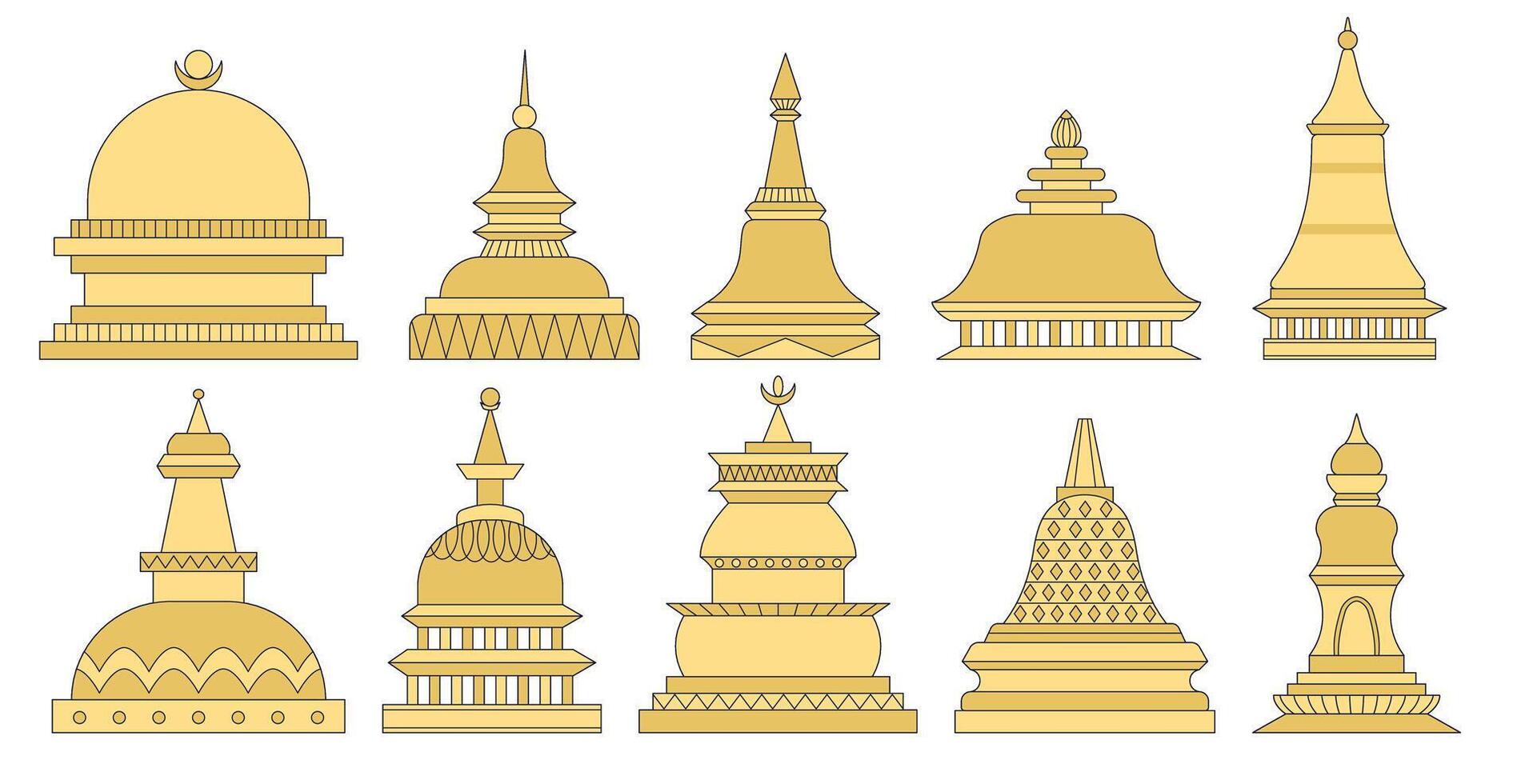 Set of golden stupas architectural structures place of pilgrimage of Buddhists. Temple of Buddha's enlightenment illustration in flat style vector
