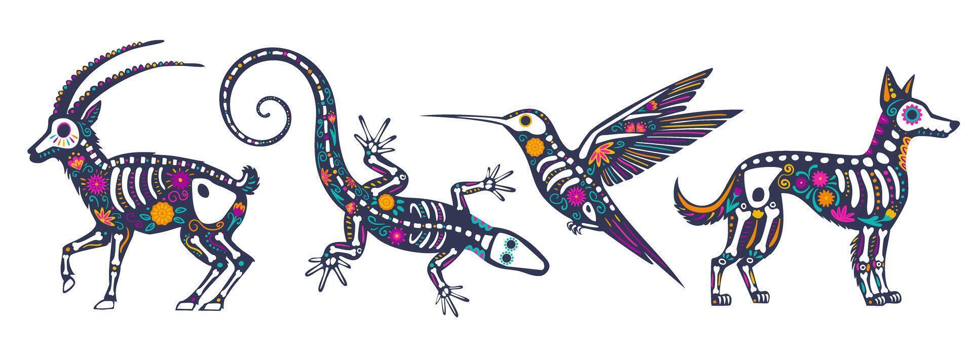 Collection of skeleton decorated with flowers and decorative elements. Festive animal for the Mexican Day of the Dead, Dia de los Muertos. vector