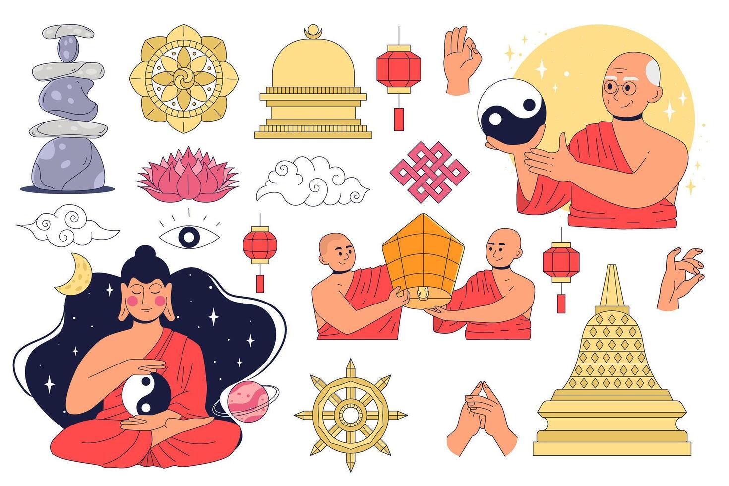 Set of Buddhist philosophy. Dharma wheel, teaching of karma, hands in mudra gestures, celebrations of Buddha's birthday, search for nirvana. Concept of reincarnation, cycle of life, death and rebirth vector