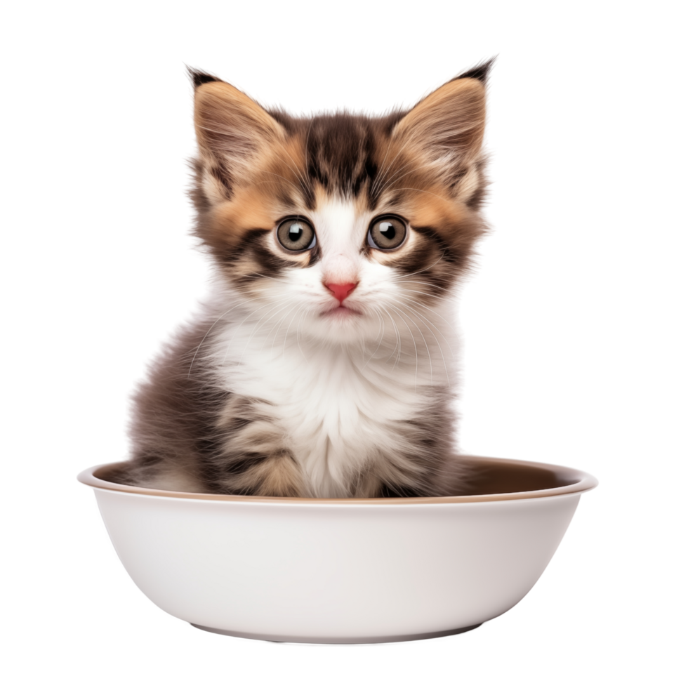 Adorable Fluffy Kitten Sitting In White Bowl With Curious Expression png
