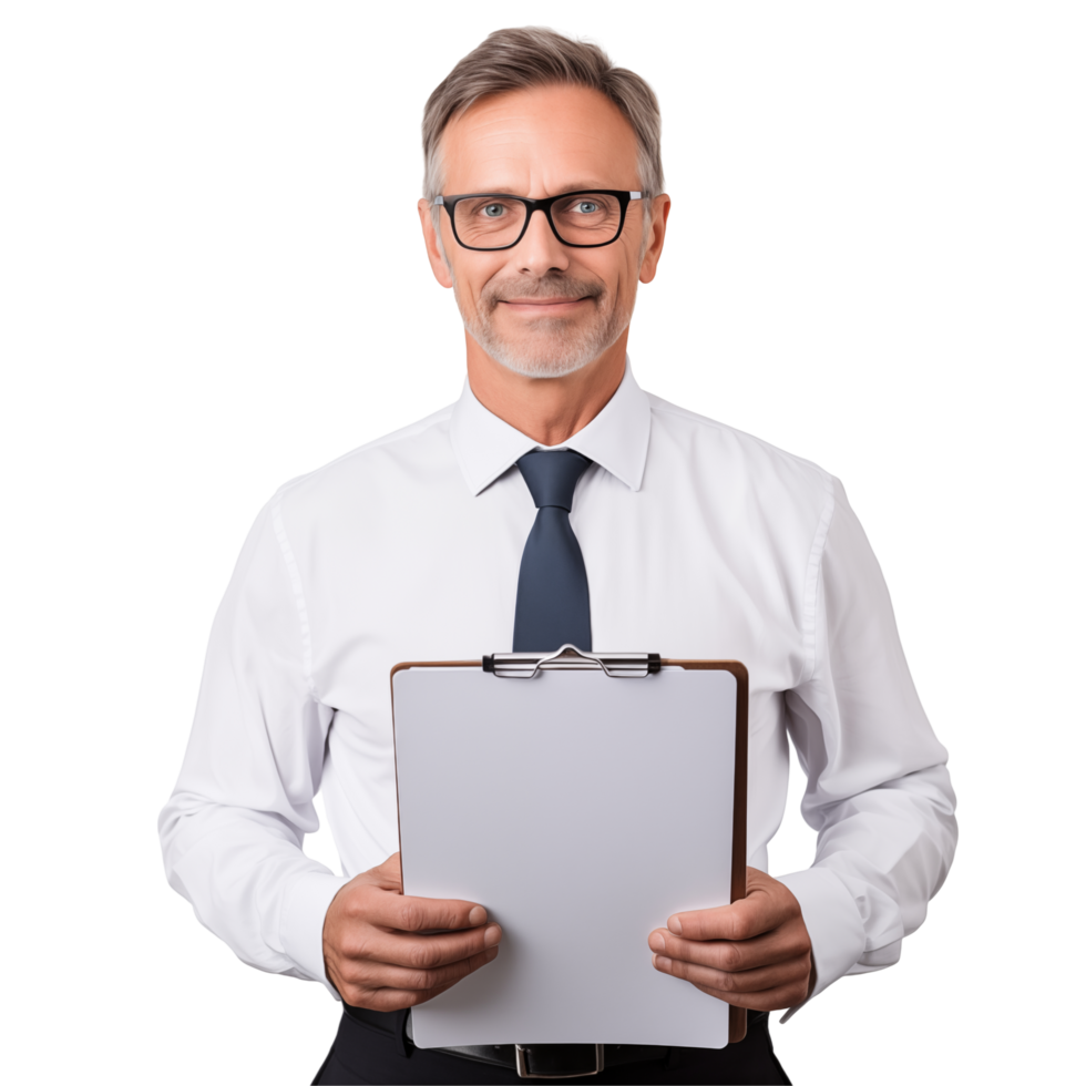 Portrait Of Mature Businessman In Formal Attire Holding A Clipboard And Smiling png