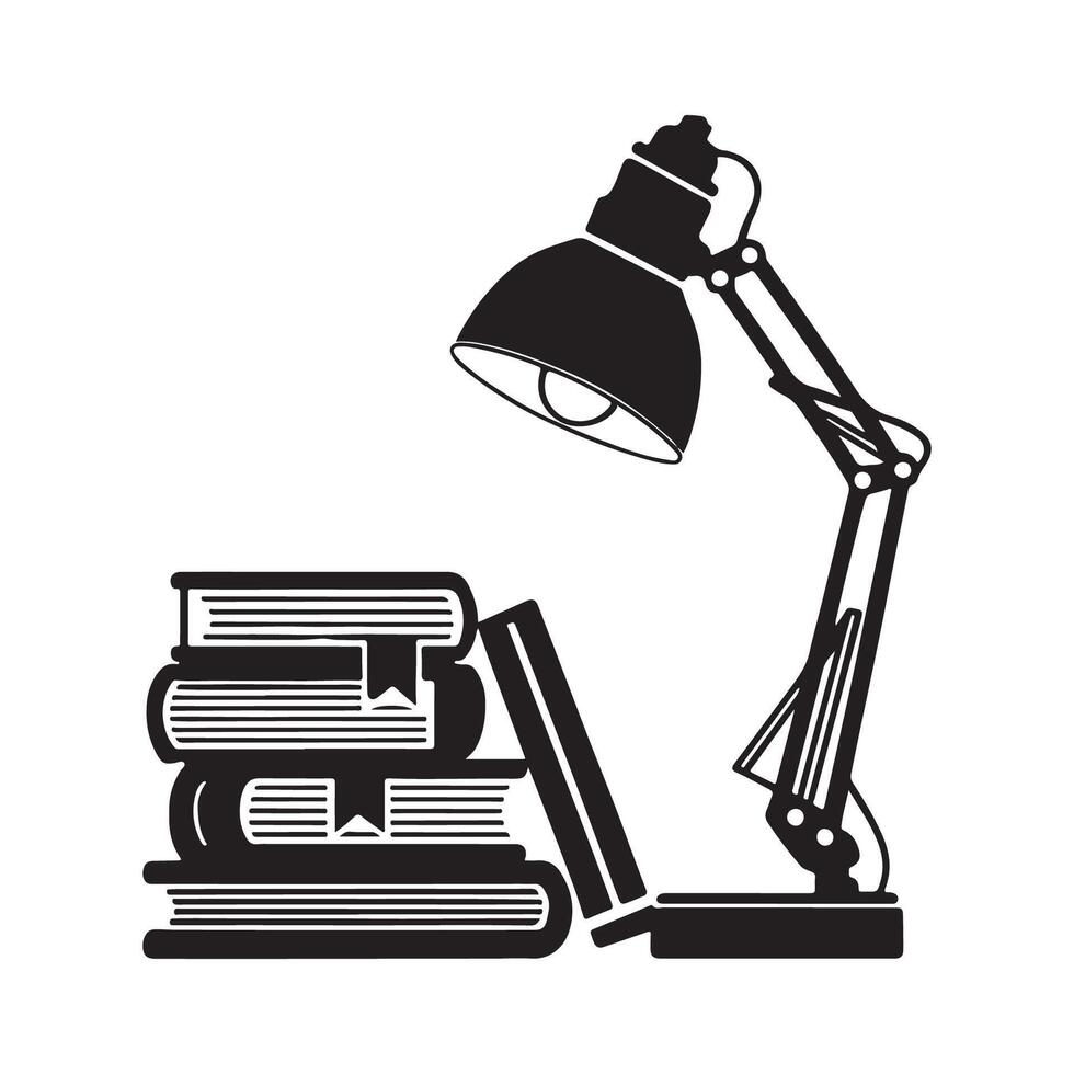 Table lamp and books silhouette illustration on white background vector