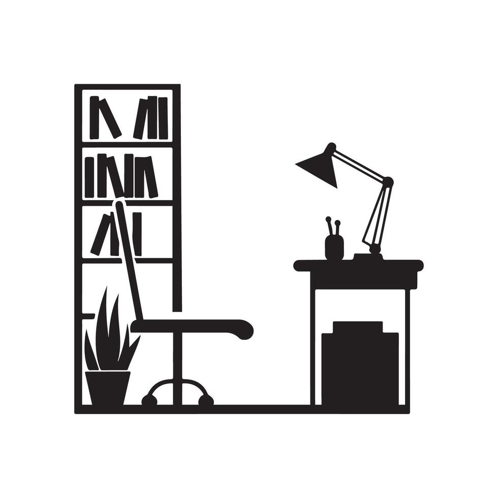 Table lamp chair and books silhouette illustration on white background vector