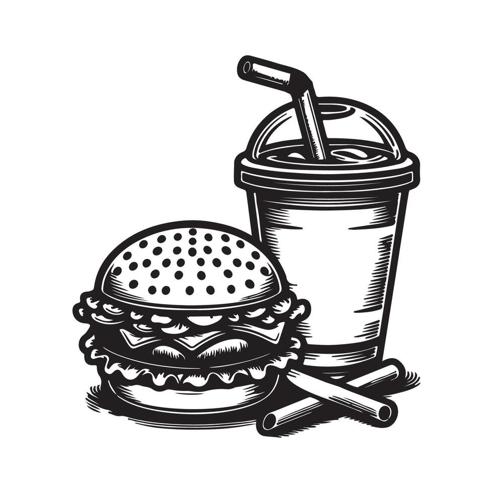 Artistic coffee cup burger silhouette with white background vector