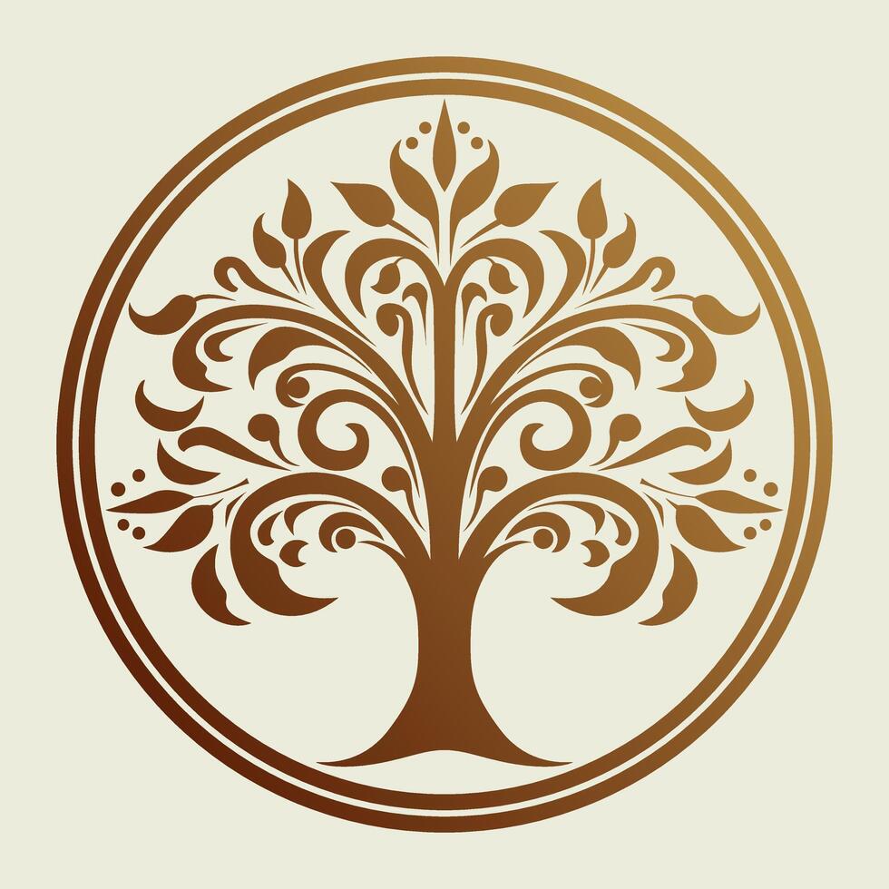 decorative elegant ornamental tree in circle stylized sign logo vector