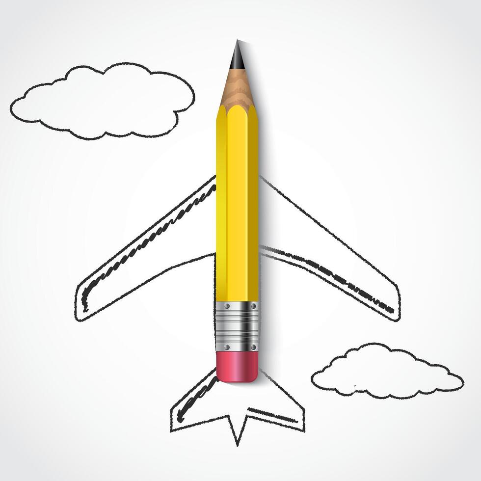 3d pencil with draw airplane shape, fantasy illustratio vector