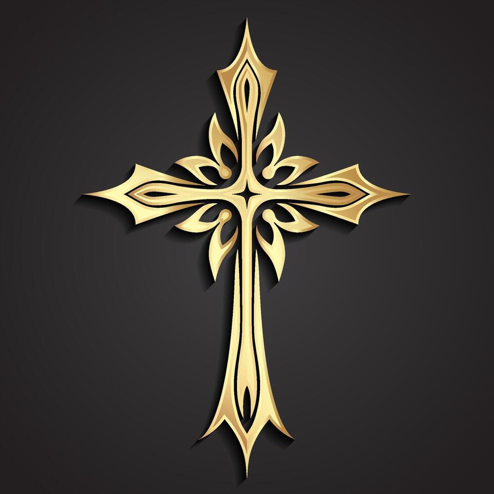 3d golden elegant ornamental cross religious symbol vector