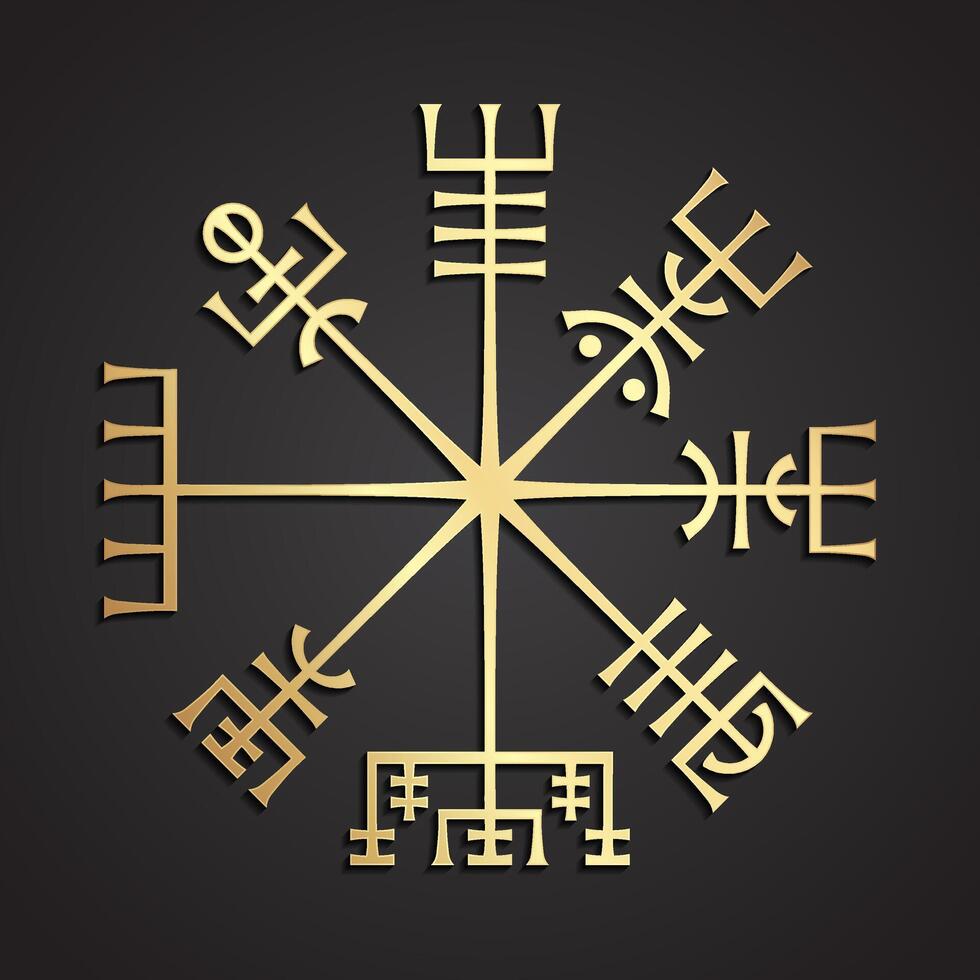 vegvisir viking compass symbol 3d shiny gold sign vector