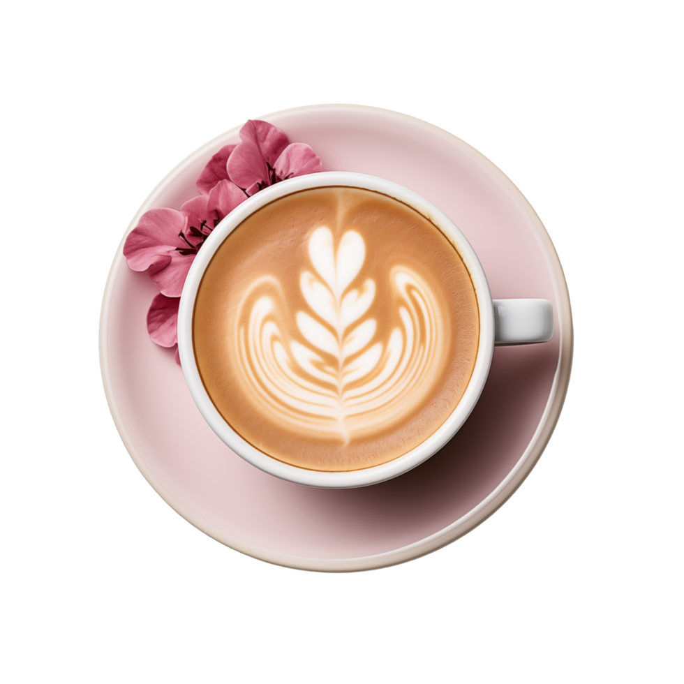 Cup Of Coffee With Beautiful Latte Art And Pink Flowers On A Saucer png